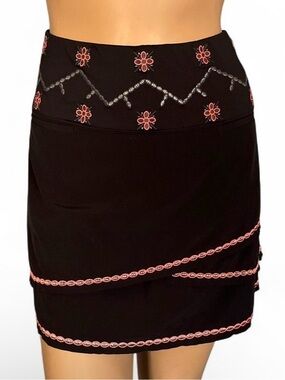 Lucky in Love Black Mini Skirt with Pink Embroidered Trim